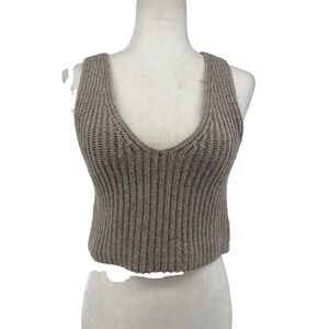 The Drop Womens Taupe Ribbed Knit V-Neck Cropped Sweater Vest Wool Blend Small